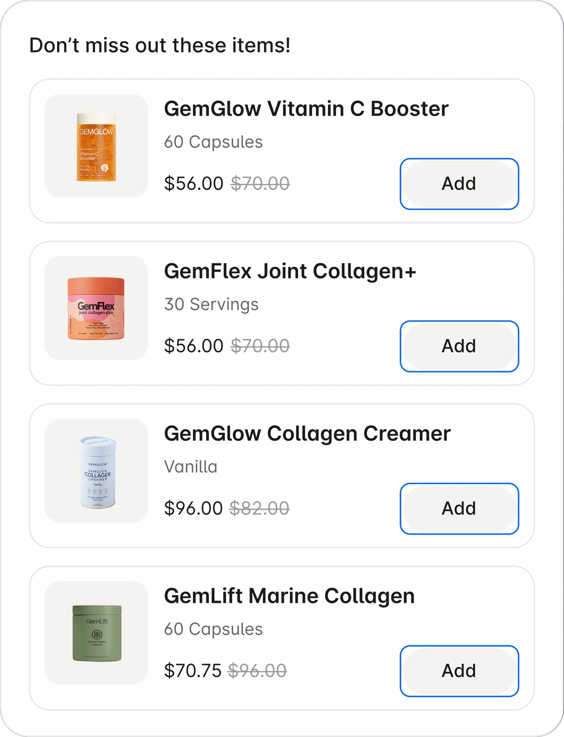 Complementary products widget offering four supplements, each with its price and an Add button
