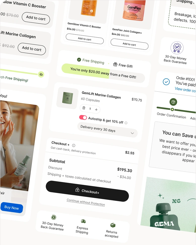 Collage of upsell widgets: add to cart offers, free shipping bar, order confirmation