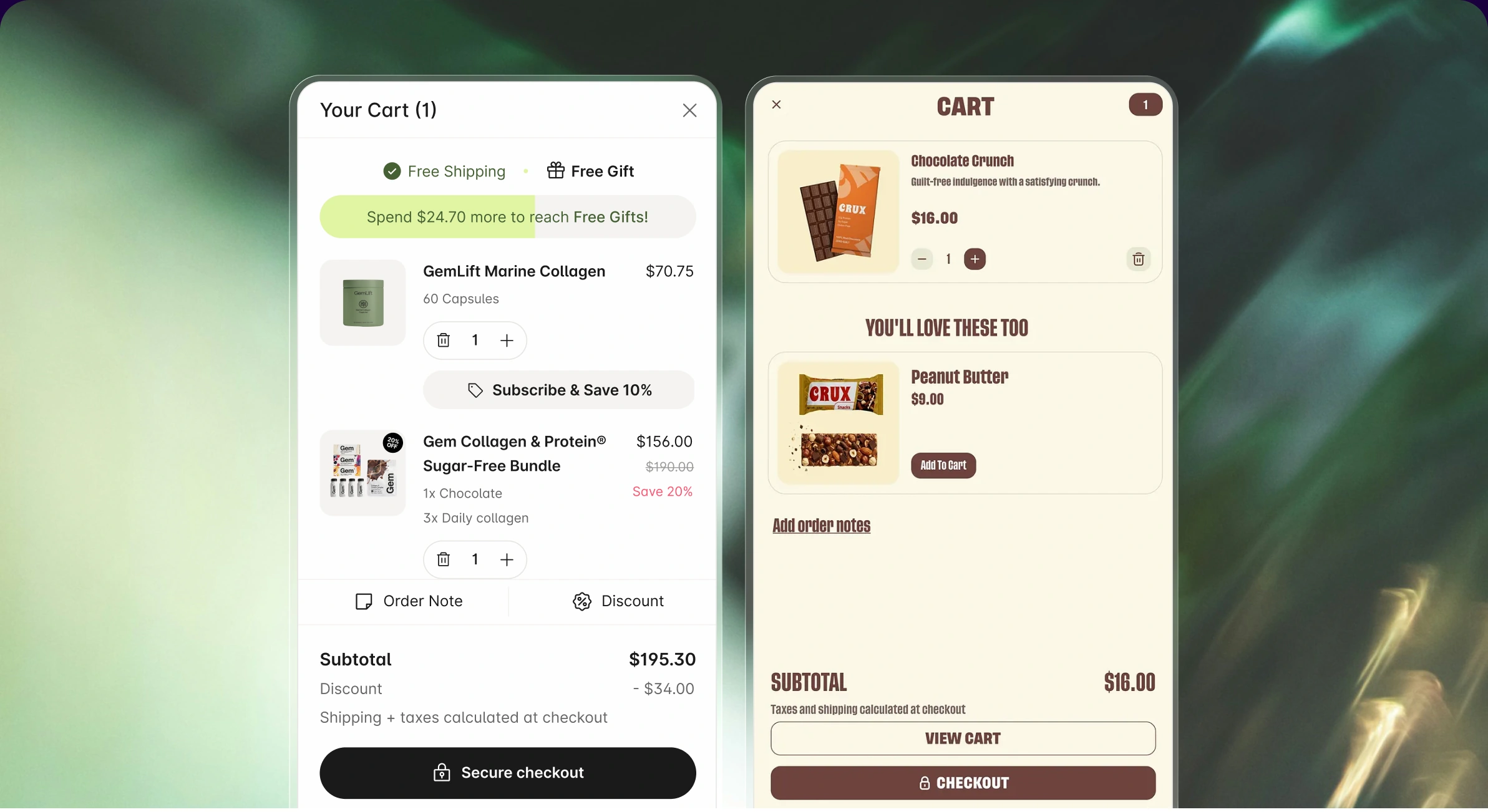 Two cart drawer designs customized to match different store aesthetics