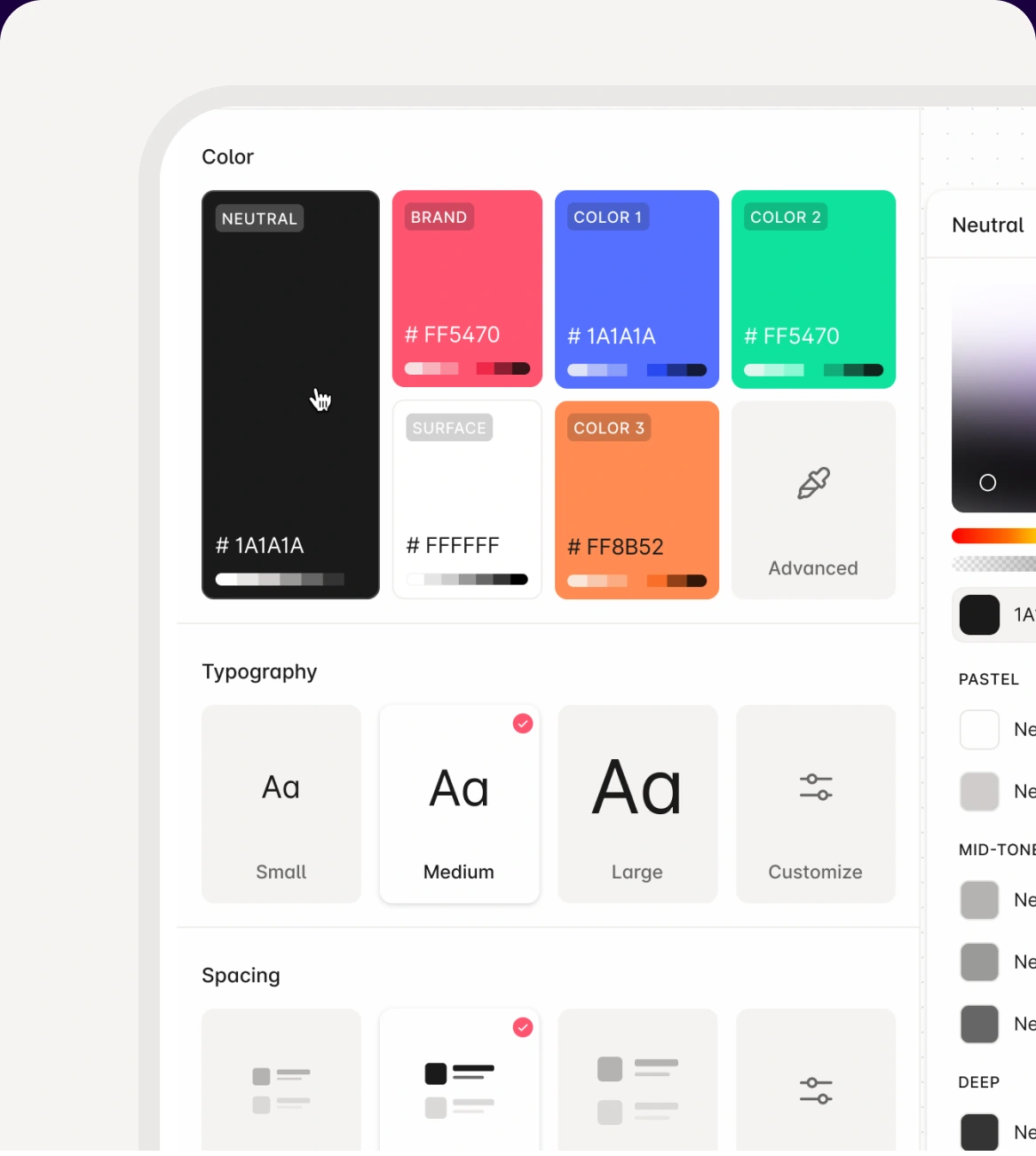 Global styles panel controlling brand colors, typography and spacing