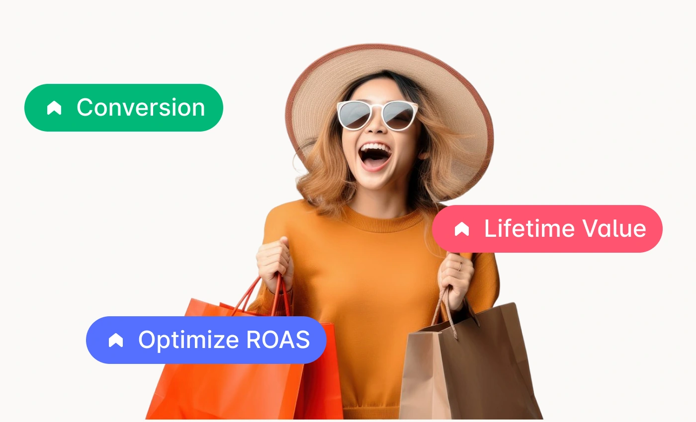 Shopper with shopping bags surrounded by Conversion, Lifetime Value and Optimize ROAS tags